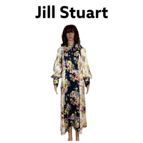 Jill Stuart Paola Mixed Floral Print Tie Neck Long Sleeve Silk Midi Dress 4 - Picture 4 of 10